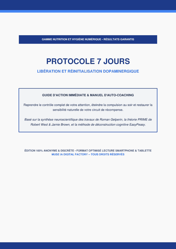 Couverture du guide Protocole 7 Jours : titre, sous-titre « Libération et réinitialisation dopaminergique » et mention des travaux sources.