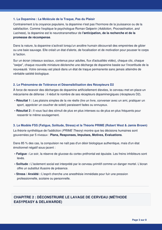 Extrait du chapitre 1 sur la neurobiologie : dopamine d'anticipation, désensibilisation des récepteurs D2 et modèle Fatigue-Solitude-Stress.
